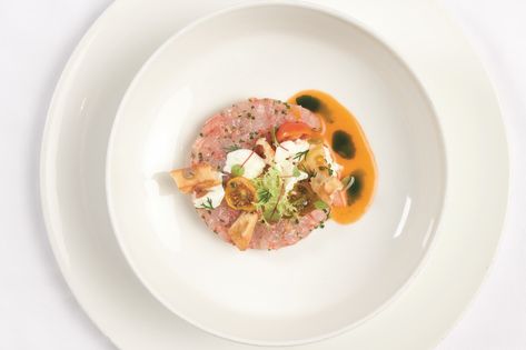 Tartar of Local Prawns with Burrata - Served Herb Oil, Red Tomato, Naan Bread, Tomato Juice, Plum Tomatoes, White Wine Vinegar, Heirloom Tomatoes, Gazpacho, 60 Minutes