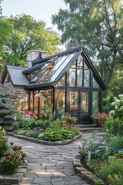 Green House Cottage, Home With Conservatory, Big Garden House, Greenhouse House Extension, Green House Asthetics, Green House Backyard, Green House Library, House With Attached Greenhouse, Cottage With Greenhouse