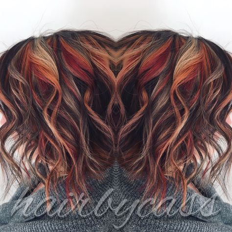 Dark brown base with red, orange and blonde highlights Brown Hair With Orange, Hair With Orange Highlights, Brown Hair With Orange Highlights, Brown Hair With Red Highlights, Brown Hair With Red, Hair With Red Highlights, Red Highlights In Brown Hair, Black To Blonde Hair, Balayage Caramel