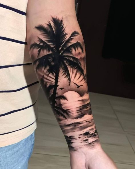 Memorial Beach Tattoo, Niece Tattoo, Scenery Tattoo, Hawaiian Tattoos, Simple Compass, Forearm Band Tattoos, Palm Tattoos, Ocean Tattoos, Palm Tree Tattoo