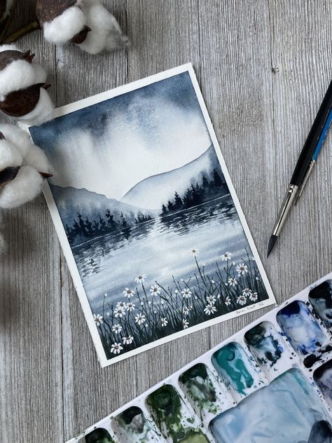 Monotone Watercolor Paintings, Watercolor Mood Board, Monochrome Watercolor Paintings, Watercolor Art Landscape, Watercolor Paintings For Beginners, Diy Watercolor Painting, Original Watercolor Art, Watercolor Paintings Easy, Landscape Art Painting