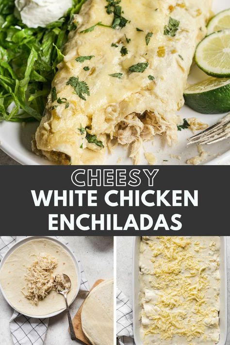 An overhead shot of a cheesy white chicken enchilada on a plate with a bite taken out. There is a side of lettuce topped with sour cream and some lime wedges as garnish. Chicken Enchiladas White Sauce, Easy White Chicken Enchiladas, White Enchiladas, Creamy White Chicken Enchiladas, White Sauce Enchiladas, Enchiladas Recipes, Isabel Eats, Enchilada Ingredients, White Chicken Enchiladas