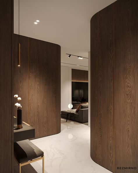 Dark Wood Living Room, Corridor Design, White Marble Floor, White Marble Tiles, Veneer Panels, Hallway Design, Hall Design, Brown Interior, White Floors