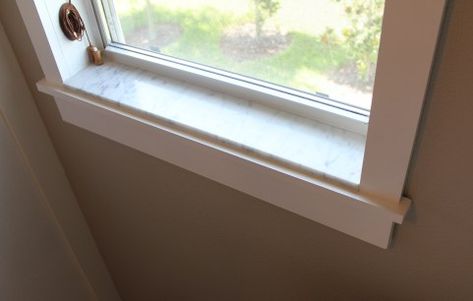 How to trim windows with Craftsman trim around existing marble sills. Builder Grade To Custom, Marble Window Sill, Stone Window Sill, Diy Window Frame, Craftsman Window Trim, Diy Window Trim, Small Bathroom Window, Interior Window Trim, Craftsman Trim