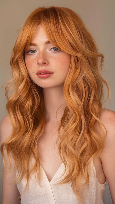 Strawberry blonde hair offers a perfect balance of red and blonde hues that beautifully complement various hair types. This versatile shade is eye-catching and different but still on-trend and fashionable for people of all ages. #blondehairstyle Long Strawberry Blonde Hair With Bangs, Strawberry Blonde With Bangs, Strawberry Blonde Curls, Strawberry Blonde Hair Ideas, Strawberry Red Hair, Strawberry Blonde Ombre, Red And Blonde, Strawberry Blonde Hair Color, Blonde Hair Ideas