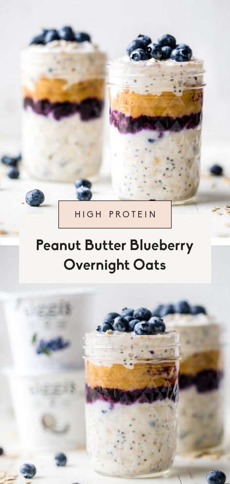 Amazing peanut butter blueberry overnight oats that taste like a classic PB&J. You’ll love these healthy, no sugar added overnight oats made with yogurt and chia seeds for an extra boost of protein! Make them ahead of time for a meal prep friendly breakfast. Blueberries Sauce, High Protein Peanut Butter, Peanut Butter Blueberry, Blueberry Overnight Oats, Peanut Butter Overnight Oats, Protein Overnight Oats, Oat Recipes Healthy, Overnight Oats Recipe Healthy, Peanut Butter Roll