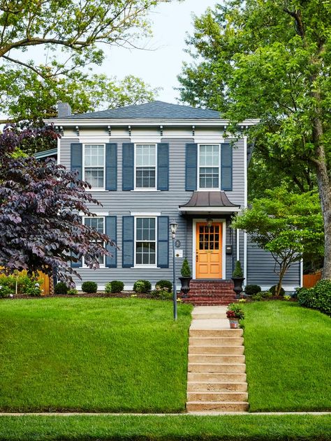 Colonial-Style Home Exterior With Copper Portico Roof Copper Portico, Colonial Style Home Exterior, Colonial Front Door, Curb Appeal Ideas, Exterior House Paint Color, Stone Porches, Paint Color Combinations, Unique Front Doors, Exterior Color Palette