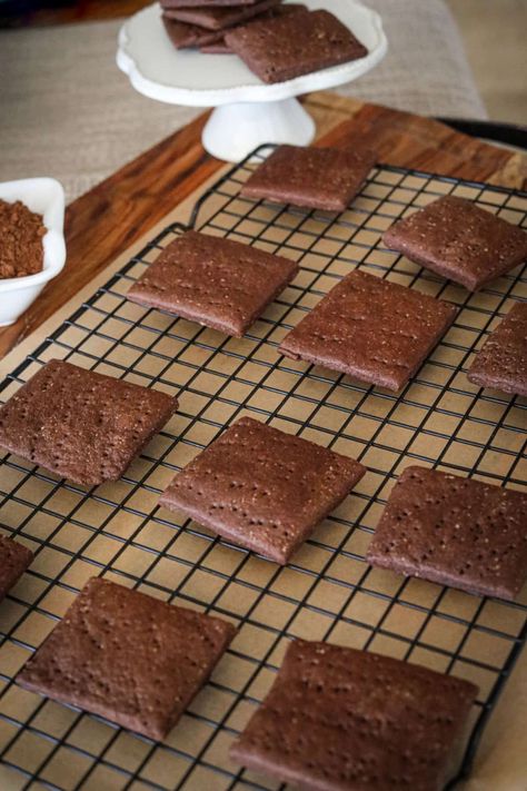 Sourdough Chocolate Graham Crackers - Cultured Food Life Sourdough Discard Chocolate Graham Crackers, Homemade Chocolate Graham Crackers, Sourdough Recipes Chocolate, Einkorn Graham Crackers, Chocolate Sourdough Crackers, Sourdough Discard Valentines, Sourdough Teddy Grahams, Sourdough Baby Snacks, Sourdough Discard Graham Crackers