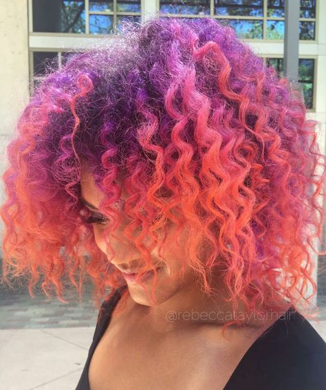 Orange And Purple Hair Curly, Vibrant Curly Hair Color, Pink Orange And Purple Hair, Punky Colour Hair Dye, Curly Vivid Hair, Curly Hair Vivid Color, Pink And Purple Curly Hair, Ombre Hair Color Pink, Sunset Hair Color Ombre