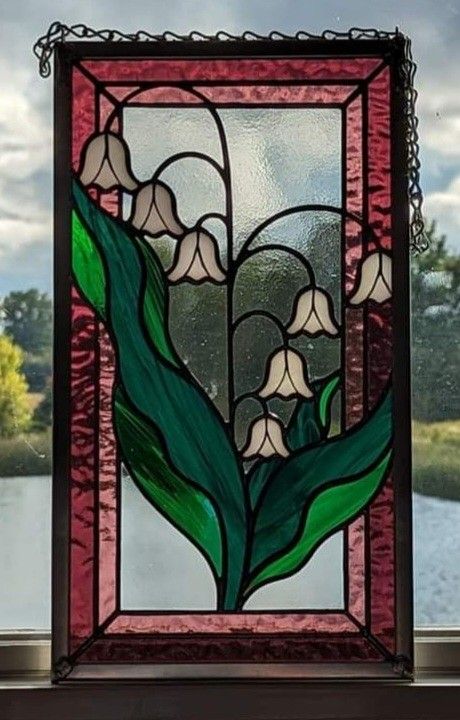 Flowers Stained Glass Art, Cottagecore Stained Glass Window, Rectangle Stained Glass Window, Lily Of The Valley Stained Glass Pattern, Stained Glass Lily Of The Valley, Stained Glass Style Painting, Nature Stained Glass Patterns, Simple Stained Glass Art, Stain Glass Design