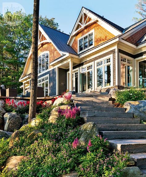 Grand cottage—The cottage evokes a grand, traditional vibe but still suits its rustic surroundings. Muskoka Cottage, Lake Houses Exterior, Eclectic Cottage, Stone Steps, Country Chic Cottage, Cottage Exterior, Country Casual, Romantic Cottage, Dream Cottage