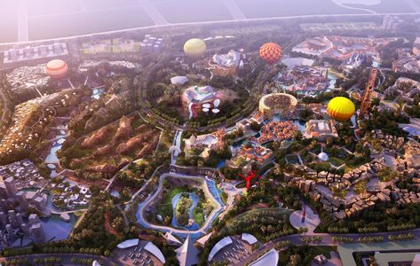 'Global 100' is a mixed-use, leisure, retail, hospitality and residential scheme over 400ha in Haikou on Hainan Island, China. It will consist of six different villages, each influenced by international film-making attractions from China, Europe and America.  #Themepark #ThemeparkDesigners #ThemeParkMasterplan #Architecture #LeisureArchitecture Hainan Island, New Orleans Cemeteries, Florida Parks, James Bond Theme, Schematic Design, Aircraft Interiors, Haikou, Safari Park, Journey To The West