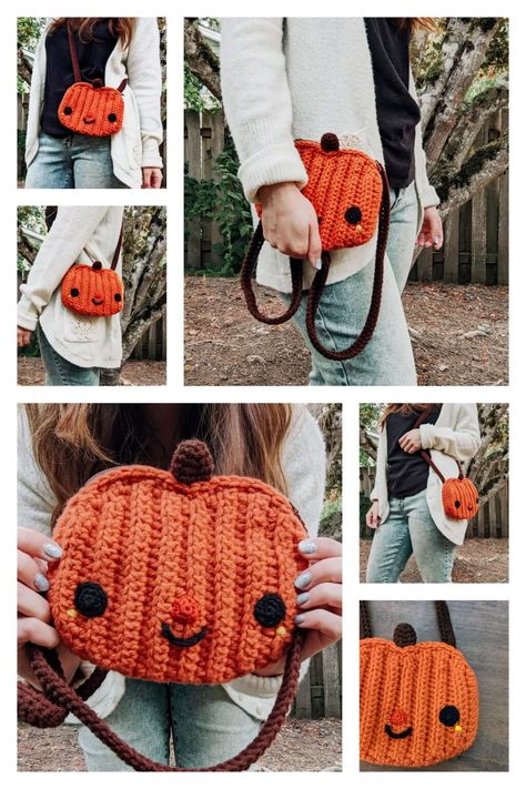 Amigurumi Pumpkin Trick Bag Free Pattern-4 7 Jackolantern Crochet Pattern, Pumpkin Purse Crochet, Crochet Pumpkin Purse Pattern, Fall Crochet Ideas To Sell, Pumpkin Crochet Bag, Small Crochet Items To Sell, Fall Purses 2023, Crochet Halloween Bag, Halloween Crochet Clothes