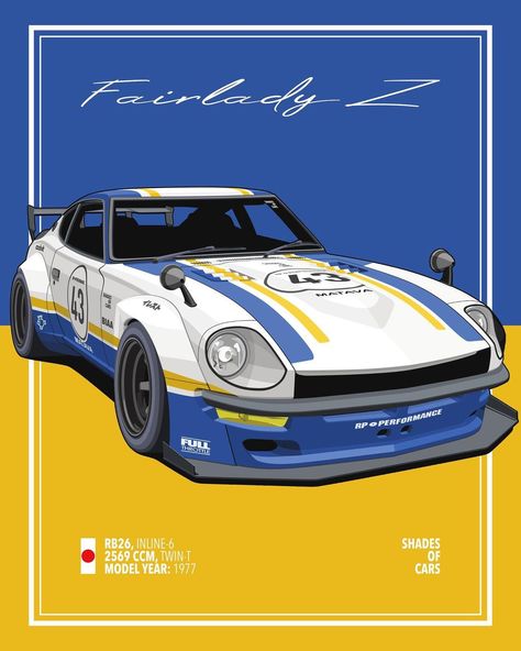 SHADES OF CARS on Instagram: “Widebody Datsun 240Z🇯🇵 I decided to give this illustration another little update with new color combo, new wheels and a few fixes🤙🏽 Tell…” Shades Of Cars, Nissan Z Series, Datsun Z, Jdm Nissan, Car Livery, Car Drawing, Cool Car Drawings, Best Jdm Cars, Datsun 240z