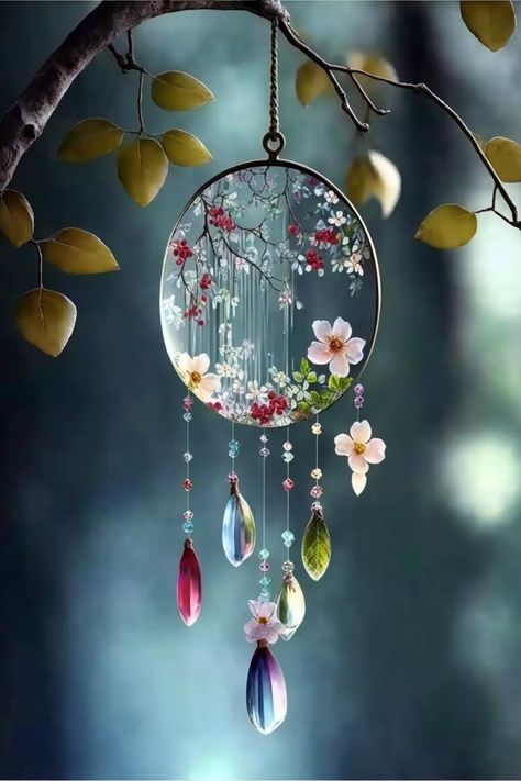 Crystal Suncatchers Diy, Suncatcher Diy, Dream Catcher Decor, Diy Suncatchers, Pressed Flower Crafts, Dream Catcher Craft, Wind Sculptures, Stained Glass Suncatchers, Light Crafts