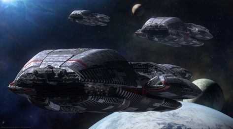 "Show of Force" - Galactica and her Jupiter Class Battlestar sisters - BSG, Robert Bonchune on ArtStation at https://www.artstation.com/artwork/m88ERy Battleship Galactica, Scifi Ships, Battlestar Galactica Ship, Starship Concept, Starship Design, Space Battles, Sci Fi Ships, Classic Sci Fi, Sci Fi Films