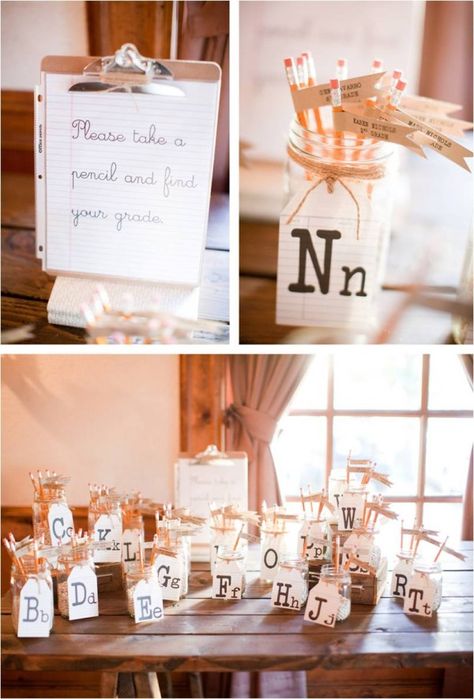 "please take a pencil, and find your grade" pencil seating chart - school theme Teachers Wedding Ideas, Teacher Theme Wedding, Jenna And Matt, Schoolhouse Wedding, Old School Wedding, Chart School, Wayfarers Chapel, Party Image, Marriage Retreats