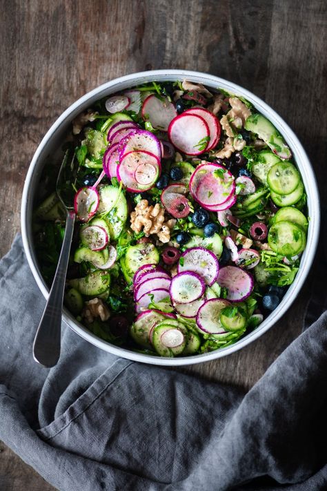 Herbed Blueberry Cucumber Salad | Nourish Deliciously Herby Salad, Blueberry Salad, Eating Fresh, Baby Tomatoes, Persian Cucumber, English Cucumber, Summer Grilling, Kalamata Olives, Stone Fruit