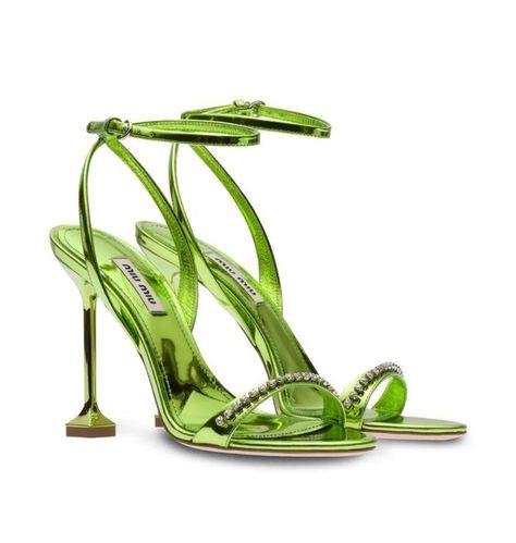 Miu Miu Heels, Miu Miu Sandals, Fancy Heels, Fashion Shoes Heels, Shoes Heels Classy, Green Heels, Bridal Sandals, Miu Miu Shoes, Fancy Shoes