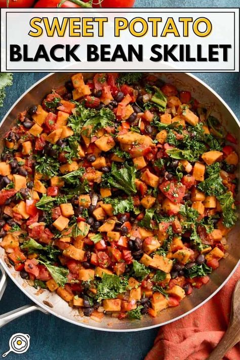 Sweet Potato And Black Bean Casserole, Sweet Potato Black Bean Skillet, Black Bean Skillet, Black Bean Casserole, Sweet Potato Oven, Sweet Potato Black Bean, Sweet Potato Skillet, Easy Skillet Meals, Sweet Potato Black Beans