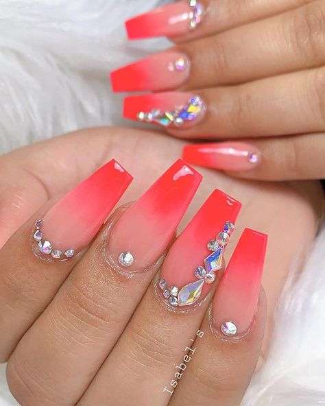 Instagram Light Pink Acrylic Nails, Gem Nail Designs, Diamond Nail Designs, Red Ombre Nails, Blue Ombre Nails, Acrylic Nails Nude, Pink Ombre Nails, Ombre Acrylic Nails, Nails Design With Rhinestones