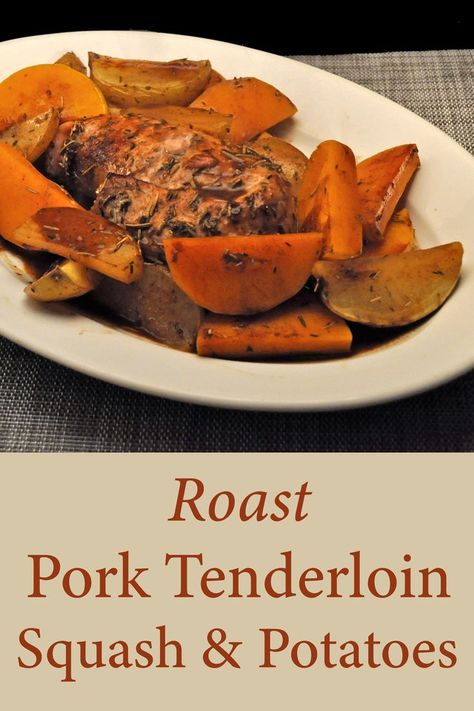 An easy, oven dinner of Roast Pork Tenderloin, Butternut Squash and Potatoes, drizzled with a Balsamic vinegar & maple syrup glaze. #RoastPorkTenderloin #OvenPorkPotatoes #PorkButternutPotatoes #SheetPanPorkVeggies Butternut Squash And Potatoes, Squash And Potatoes, Squash Potatoes, Roast Pork Tenderloin, Maple Syrup Glaze, Mustard Pork Tenderloin, Butternut Squash Apple, Roasted Pork Tenderloins, Roast Pork