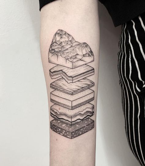 Michele Volpi ⋆ tattoo artist on Instagram: ““Geological stratification of a rocky terrain” Thank you Valentina, it was a super pleasure to get this idea on your skin! (done today at…” Geology Tattoo, Tattoo Earth, Building Tattoo, Geology Art, Science Tattoo, Science Tattoos, Rock Tattoo, Rocky Terrain, Watercolor Tattoo Flower