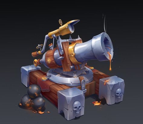 Fantasy Props Concept Art, Canon Concept Art, Stylized Props Concept Art, Cannon Concept Art, Prop Design Concept Art, Game Props Concept Art, Cannon Drawing, Stylized Concept Art, Prop Concept Art