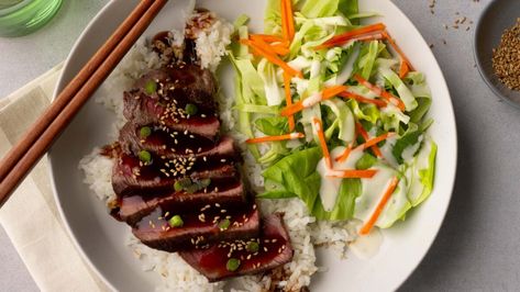 Steak Teriyaki, Teriyaki Steak, Seasoned Rice Vinegar, Teriyaki Beef, Plate Lunch, Seattle Fashion, Perfect Lunch, Seasoned Rice, Cabbage Slaw