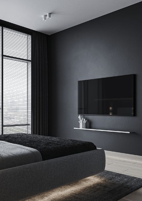 Black Color Interior Design, Black Monochrome Living Room, Dark Grey Bedroom Inspirations, Monochrome Room Ideas, Room Color Ideas Dark, Black And Grey Room Aesthetic, Bedroom Ideas For Small Rooms Black, Interior Room Design Bedrooms, Down Bed Design