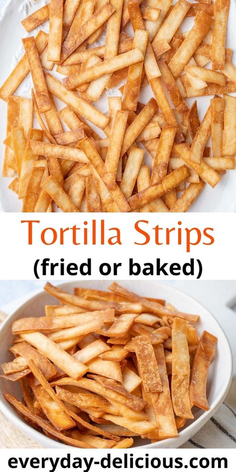 Homemade crispy tortilla strips are really easy to make and taste so much better than store-bought. You can use them as topping for soups or salads or just eat them as a snack (but be careful, it’s really hard to stop snacking on them!). Tortilla Strips For Soup, Homemade Tortilla Strips, Taco Night Recipes, Flour Tortilla Chips, Fried Tortilla Chips, Stop Snacking, Biscuits Recipes, Homemade Nachos, Tortilla Strips