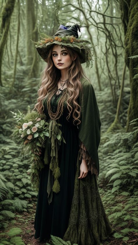 Good Witch Photoshoot, Medieval Sorceress Costume, Witch Costume 2023, Witch Outfit Aesthetic Halloween, Moss Witch Costume, Earthy Witch Costume, Hedge Witch Costume, Witch Costume Inspiration, Cottagecore Witch Costume