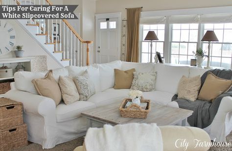 How to keep your white slipcovered Sofa pretty & clean with kids & pets. Tips at City Farmhouse. Ikea Ektorp Sofa, Family Room Reveal, Ektorp Sofa, White Slipcovers, City Farmhouse, Family Room Makeover, White Couches, Family Room Design, White Furniture