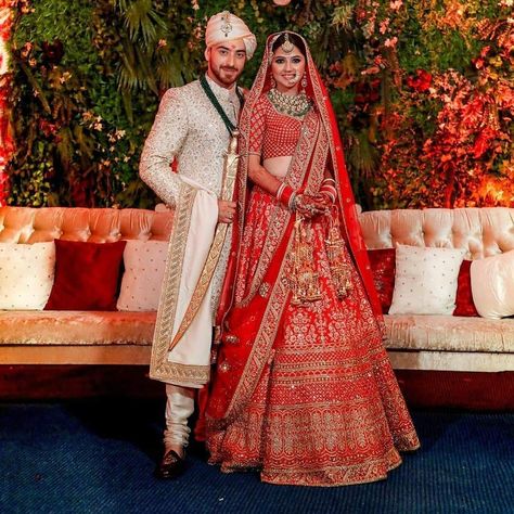 Groom Indian Wedding Outfits With Red Lehenga, Red Lehenga Bride And Groom, Indian Bride Groom Outfits, Bride And Groom Indian Wedding Outfit Red, Bride Groom Photos Indian, Groom Sherwani Indian Latest, Latest Sherwani Designs For Groom, Bride And Groom Indian Wedding Outfit, Groom Sherwani Indian