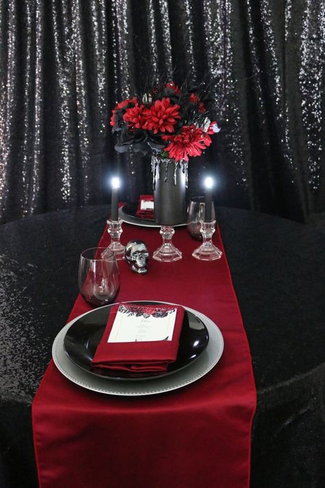 Vampire-inspired table decor, talk about love at first bite! 👻 #halloween #halloweendecor Achieve this look: -Glitz Sequin on Taffeta Drape/Backdrop 8 ft x 104 Inches in Black -120 Inch Round Glitz Sequin Tablecloth in Black -14 x 108 Inch L'amour Satin Table Runner in Dark Red -10 Pack 20 Inch L'amour Satin Napkins in Dark Red Red Table Cloth Black Runner, Black Tablecloth With Red Runner, Black And Red Table Setting, Red Table Settings, Spandex Table Covers, Black Wedding Table, 33 Birthday, Drape Backdrop, Romantic Dinner Decoration