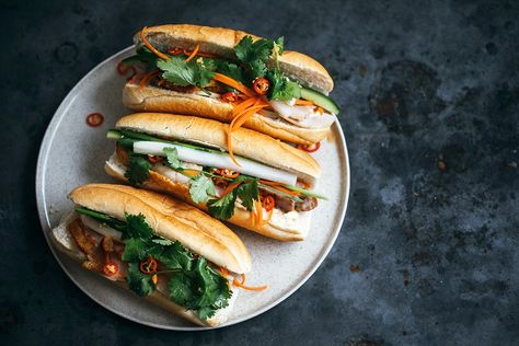 Roast pork banh mi | Vietnamese recipes | SBS Food Pork Banh Mi, Crusty Bread Rolls, Ginger Tofu, Vietnamese Sandwich, Vietnamese Pork, Sbs Food, Roast Pork, Bread Roll, Recipe Blog