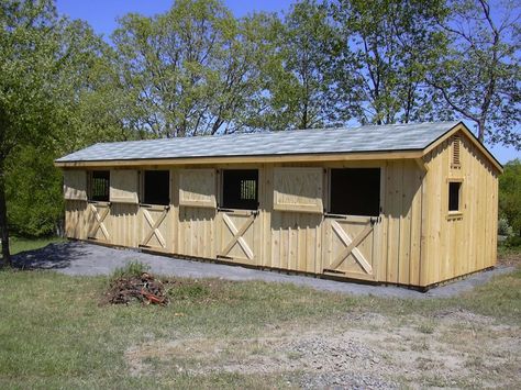 Shed Rows Shed Rows are one of the more economical ways to put you horse in a safe enclosed area. You can choose from a Single Stall, Stall w/Tack Room to multiple read article. Single Horse Stall, Small Horse Barns, Horse Shed, Tack Rooms, Backyard Barn, Horse Barn Ideas Stables, Barn Stalls, Stable Ideas, Horse Shelter