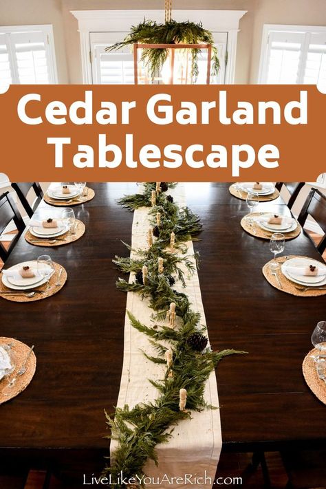 Cedar Garland Tablescape. This natural tablescape was fun and easy to create. I love the wood grain with the linen runners, the jute placemats, burlap napkin rings, wood nutcrackers, and green cedar garland. I really love how natural, simple, and elegant it is. Garland Tablescape, Natural Tablescape, Jute Placemats, Cedar Garland, Burlap Napkins, Nutcracker, Tablescapes, Napkin Rings, Wood Grain