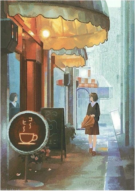 Jun Kumaori, Coffee Aesthetic Art, Coffee Shop Painting, Coffee Shop Drawing, Rain Coffee, Konst Designs, The Garden Of Words, Cafe Art, Shop Illustration