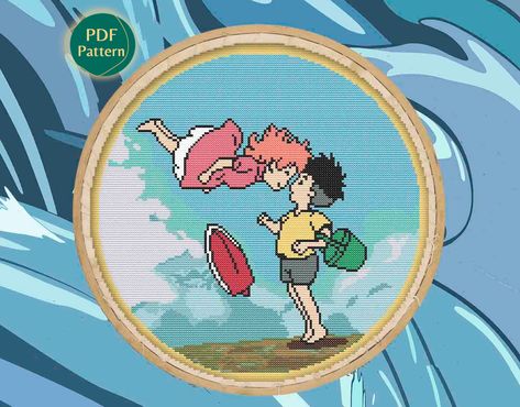 Ponyo Cross Stitch Pattern - Counted cross stitch - Ponyo on the Cliff by the Sea Cross Stitch Pattern - Pattern Keeper Compatible Ghibli Cross Stitch, Cliff By The Sea, Sea Cross Stitch, Anime Cross Stitch, The Cliff, True Friendship, Embroidery Cross Stitch, Embroidery Cross, Studio Ghibli