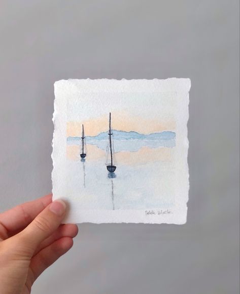 Sailboat Watercolor Easy, Watercolor Sailboat Tutorial, Watercolor Mood Board, Watercolor Sailboat Simple, Sailboat Painting Watercolor, Mini Watercolor Paintings, Acrylic Mini Painting, Sailboat Watercolor, Watercolor Sailboat