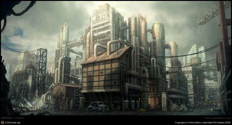 Industrial City Art, Fantasy Factory Art, Industrial Concept Art, Factory Concept Art, Market Concept Art, Factory Landscape, San Fransokyo, Fantasy Factory, Factory Building