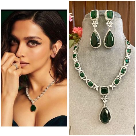 Make a statement with our Deepika Padukone Emerald Green Pendant Set - a luxurious and glamorous piece of jewelry that exudes elegance and sophistication.  Crafted with high-quality zircon and American diamonds in , this pendant set is the perfect addition to any wedding or formal occasion. Necklace length: 18 inches ( approx) Item is ready to be shipped from New Delhi, India. Please leave your phone number in messages or notes when placing order for this item. It is mandatory for courier purpose. Green Wedding Jewelry, Dark Green Wedding, Aesthetic Jewellery, Green Pendant Necklace, Green Pendant, Diamond Necklace Designs, Back Necklace, Bollywood Jewelry, Prom Jewelry