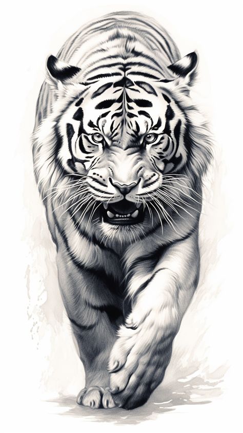 Tiger Walking Tattoo, Insta Tattoo, Tiger Sketch, Tiger Tattoo Sleeve, Big Cat Tattoo, Art Charcoals, Tiger Portrait, Crazy Tattoos, Tiger Artwork