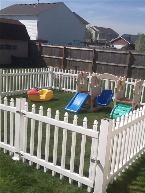 Our new play area , fence within a fence. The toddlers play in here to keep them safe from swings and climbing up the bigger playground equipment Toddler Outdoor Play, Outdoor Kids Play Area, Toddler Play Area, Play Area Backyard, Backyard Kids Play Area, Kids Backyard, Toddler Outdoor, Privacy Fence Designs, Outdoor Play Areas