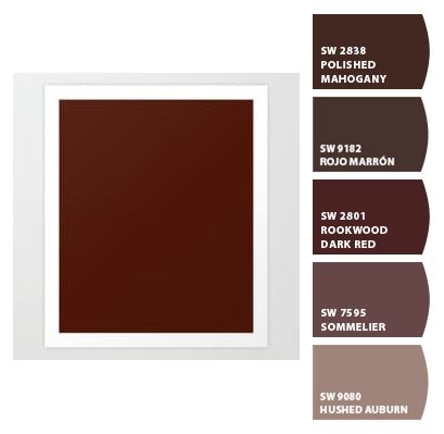 Paint colors from ColorSnap by Sherwin-Williams Burgundy Office Walls, Rockwood Red Sherwin Williams, Rookwood Dark Red Sherwin Williams, Arresting Auburn Sherwin Williams, Muted Mahogany Sherwin Williams, Mahogany Color Palette, Sw Burgundy Paint, Sherwin Williams Marooned, Maroon Paint Colors