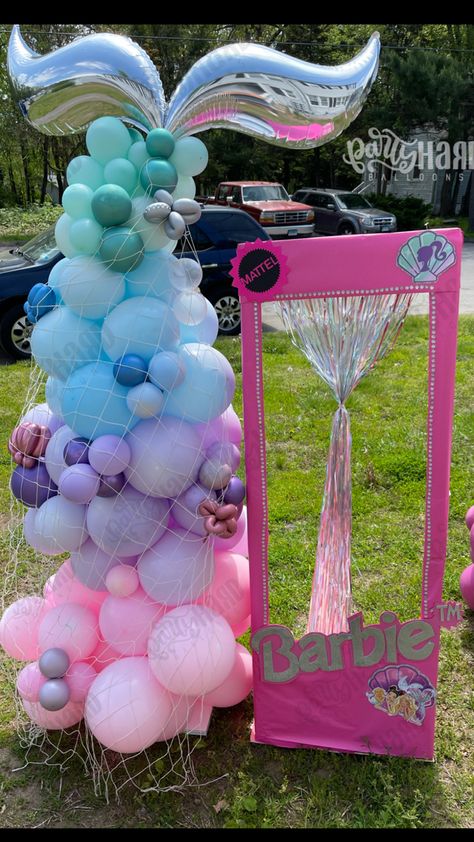 Mermaid balloons, Barbie balloons, mermaid birthday, Barbie birthday Mermaid Barbie Birthday Party Cake, Barbie Mermaid Power Birthday, Barbie Mermaid Party Ideas, Barbie Mermaid Birthday Party Ideas, Dreamtopia Barbie Party, Mermaid Balloon Column, Barbie Dolphin Magic Birthday Party, Mermaid Barbie Birthday Cake, Mermaid Barbie Party