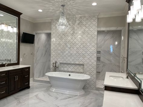 Bathtub Tile Accent Wall, Bathtub Focal Point, Tiled Wall Behind Freestanding Tub, Bath Tub Feature Wall, Shower Behind Bathtub, Shower Behind Tub Wall, Bathtub With Shower Behind, Tile Wall Behind Tub, Tub With Shower Behind It