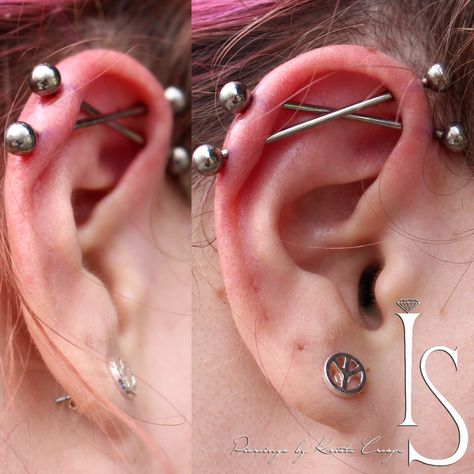 A fun slightly hand bent double industrial piercing I preformed two weeks ago with IS titanium on a very savvy lady! @tattooboogaloo @industrialstrength #tattooboogaloo #pierced #piercings #industrial #industrialpiercing #industrialpiercings #pierced #piercer #bodypiercings #titanium #northbeach #sf #northbeachsf #earpiercing #piercedears #treatyoself #piercing Cross Industrial Piercing, Fun Piercings Unique, Double Industrial Piercing, Vertical Industrial Piercing, Unusual Piercings, Dream Piercings, Piercing Bump, Pretty Piercings, Constellation Piercings