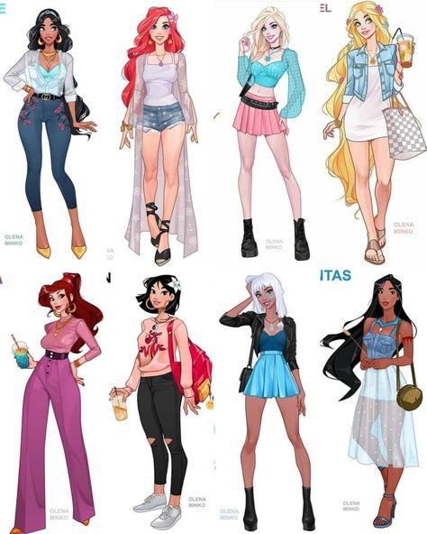 Outfit Design Inspiration, Disney Princesses Fanart Modern, Preppy Princess Aesthetic, Modern Disney Princess Drawings, Princess Modern Outfits, Modern Disney Characters Outfits, Disney Princess Modern Outfits, Modern Disney Princess Outfits, Disney Princess Fanart